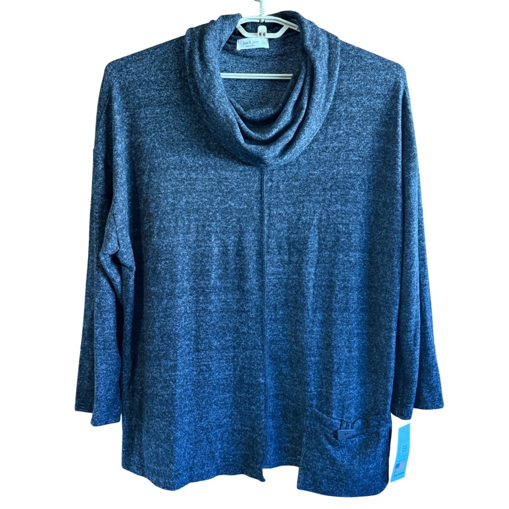 Jess & Jane 2X Sweater‎ Cowl Neck Black Heathered Tunic with pocket NWT
